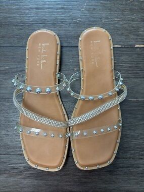Nicole Miller Tan Slide Sandals with Clear Rhinestone & Stud Straps